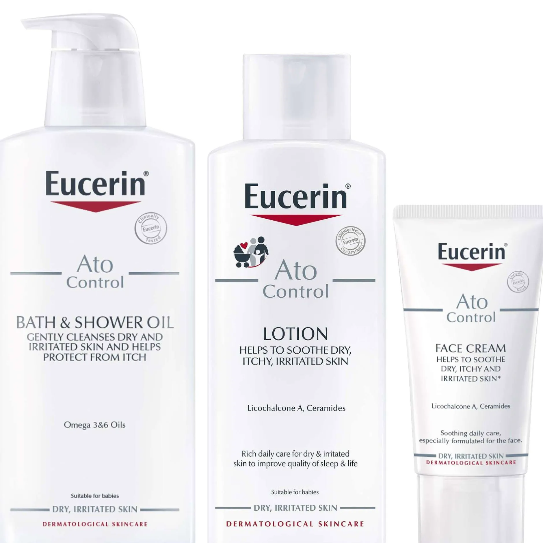 Eucerin Bundles Trio: AtoControl Bath & Shower Oil 400ml, Body Care Lotion 250ml & Face Care Cream 50ml Clearance