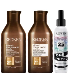 Redken Bundles Trio: All Soft Mega Curls Shampoo 300ml, Conditioner 300ml & One United Treatment 150ml Sale