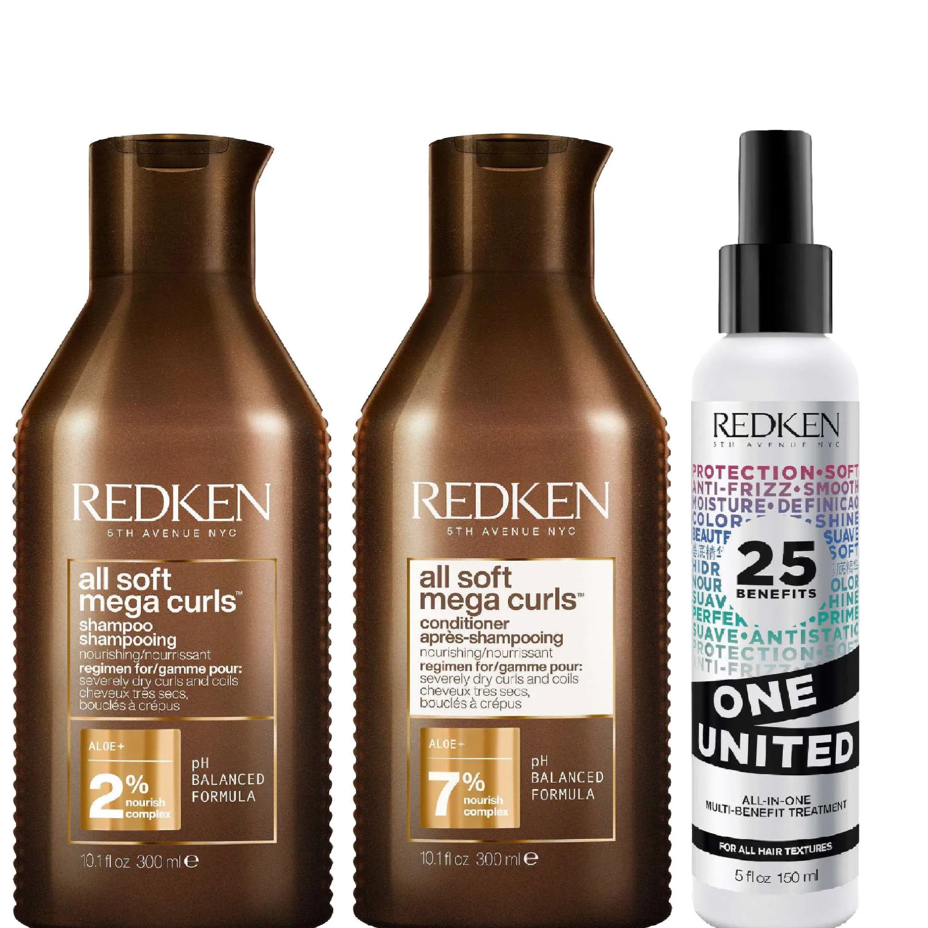 Redken Bundles Trio: All Soft Mega Curls Shampoo 300ml, Conditioner 300ml & One United Treatment 150ml Sale