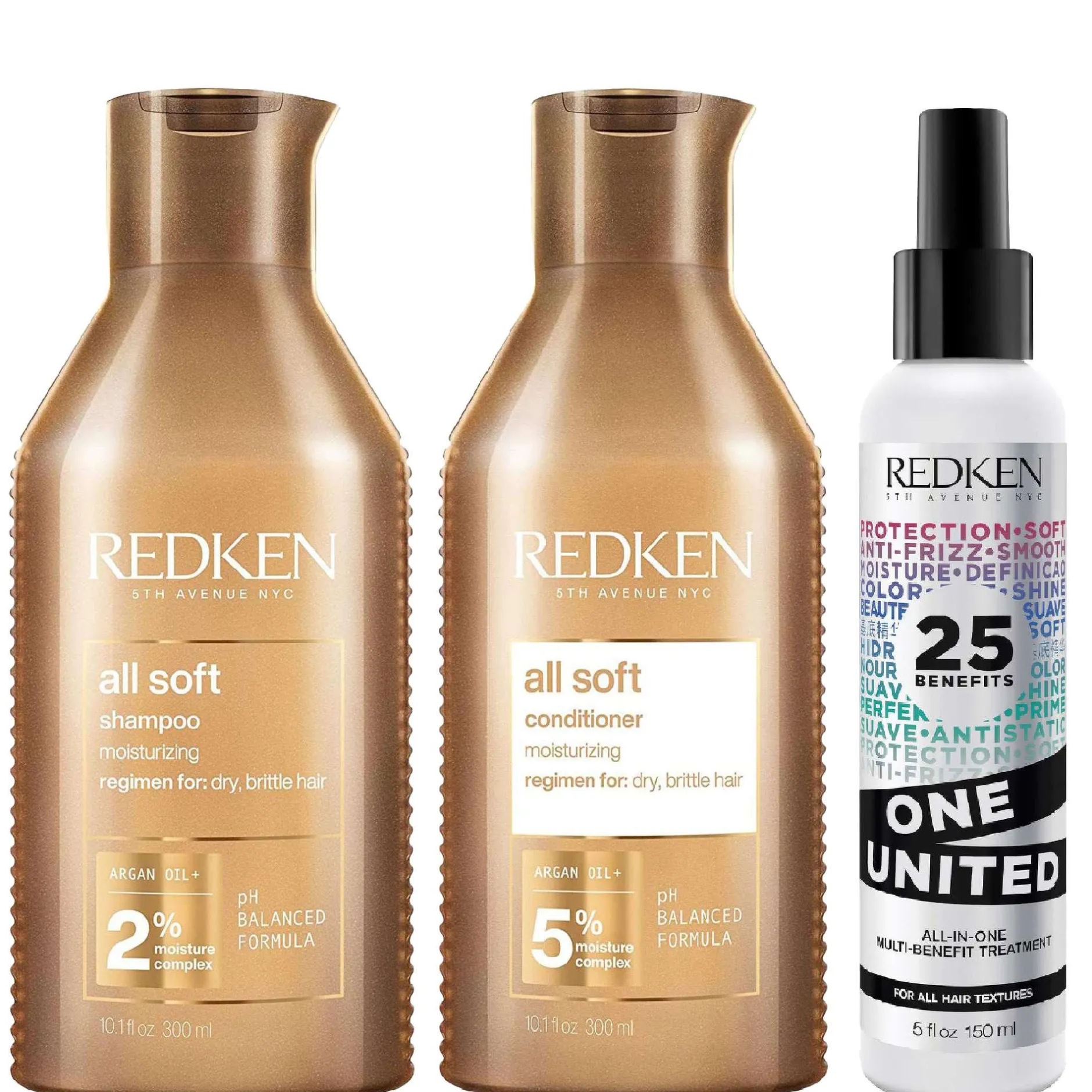 Redken Bundles Trio: All Soft Shampoo 300ml, Conditioner 300ml & One United Treatment 150ml Clearance